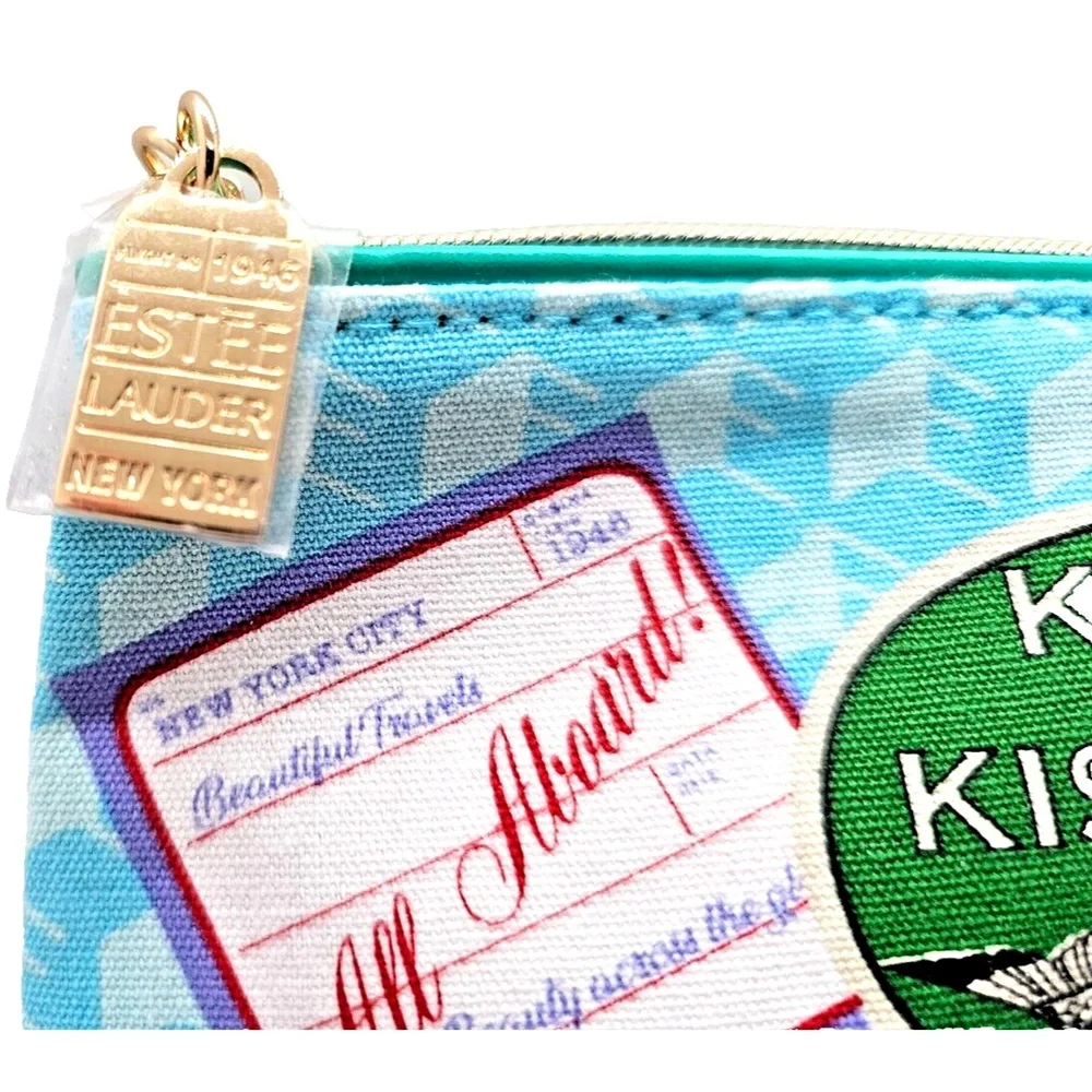 Estée Lauder Blue Travel-Themed Cosmetic Bag Makeup Zipper Pouch Stylish Organiz